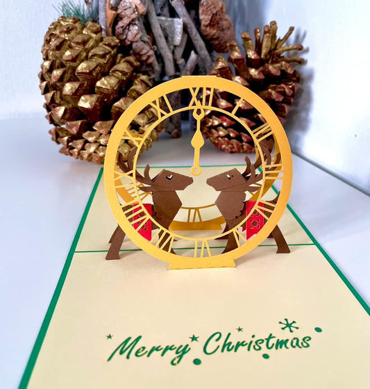 Merry Christmas Elegant Reindeer Clock 3D Pop Up Card