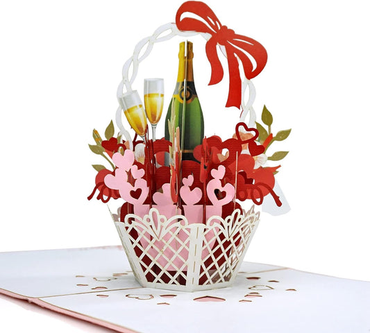 Flower Basket Champagne 3D Pop Up Card - Romantic Gift