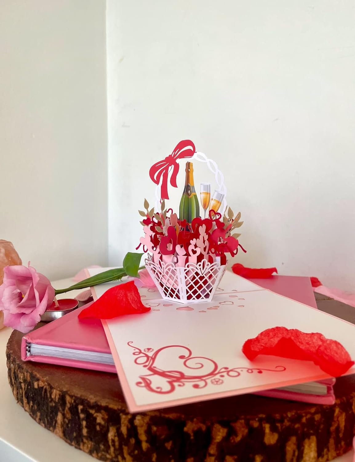 Flower Basket Champagne 3D Pop Up Card - Romantic Gift