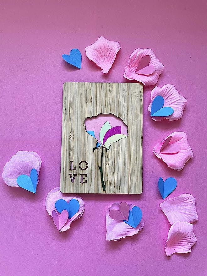 Pink Love Flower Wooden Card - Birthday Gift