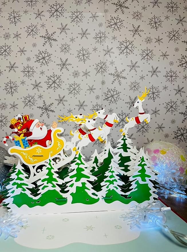 Santa Claus Sleigh and Reindeer 3D Pop Up Card