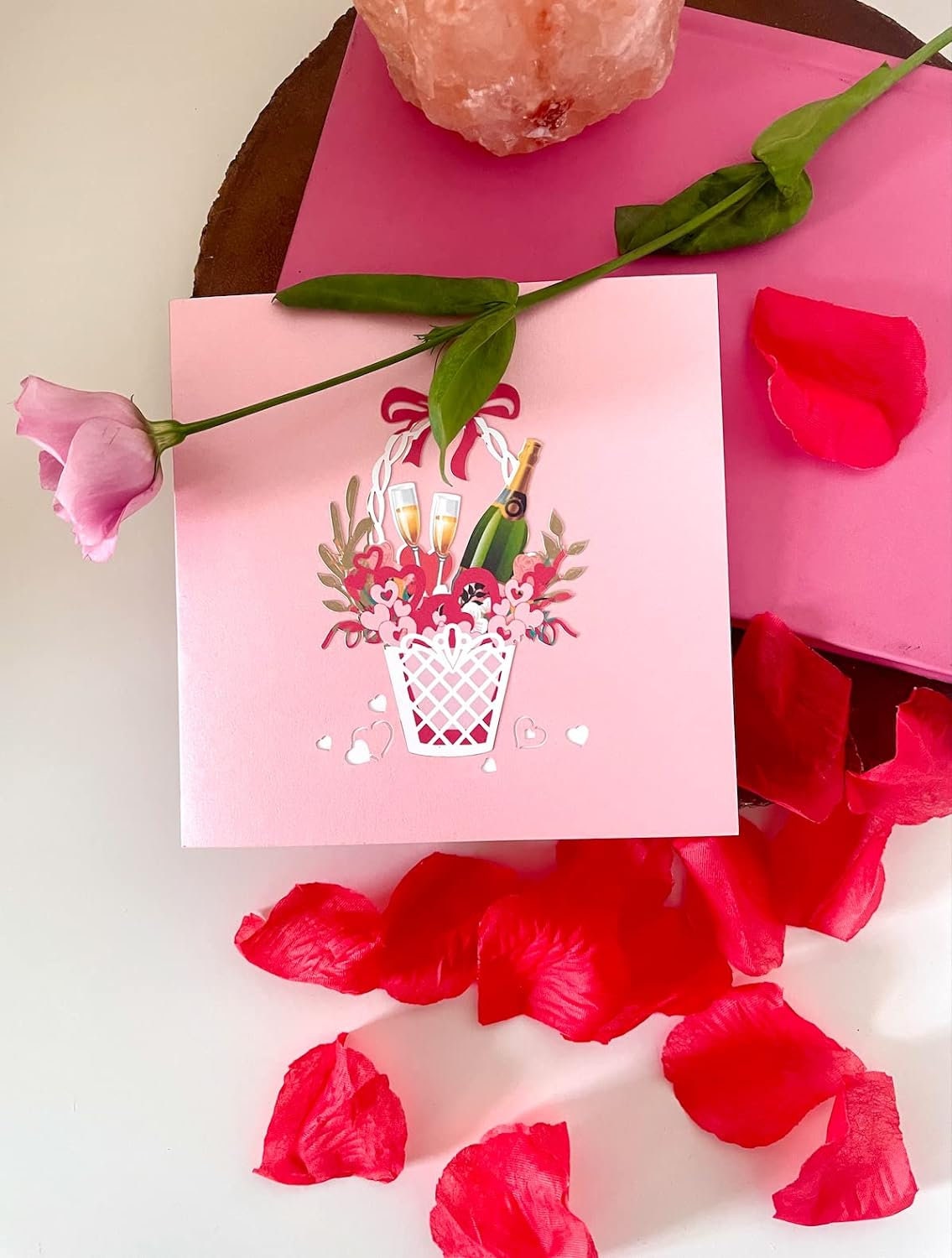 Flower Basket Champagne 3D Pop Up Card - Romantic Gift
