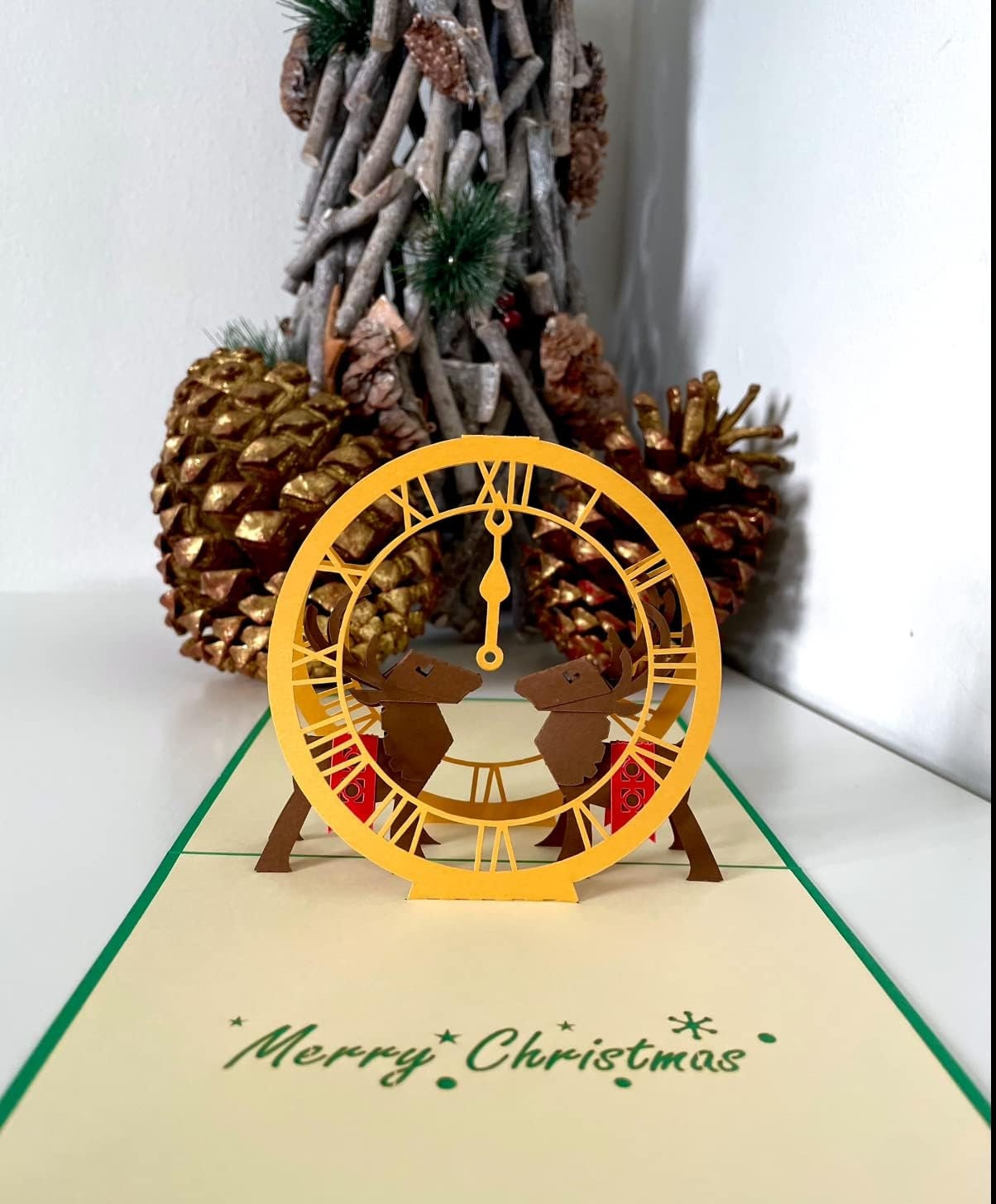 Merry Christmas Elegant Reindeer Clock 3D Pop Up Card
