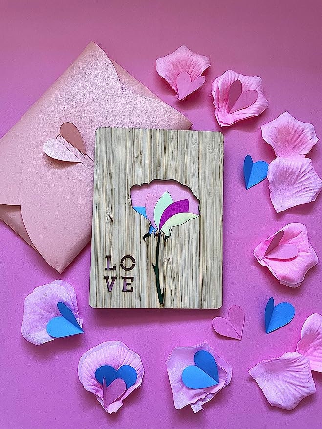 Pink Love Flower Wooden Card - Birthday Gift