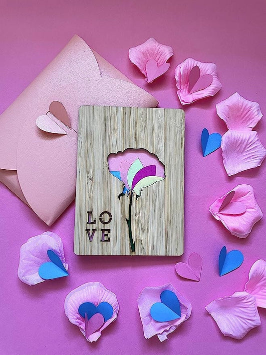 Pink Love Flower Wooden Card - Birthday Gift