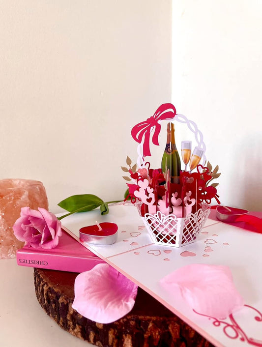 Flower Basket Champagne 3D Pop Up Card - Romantic Gift