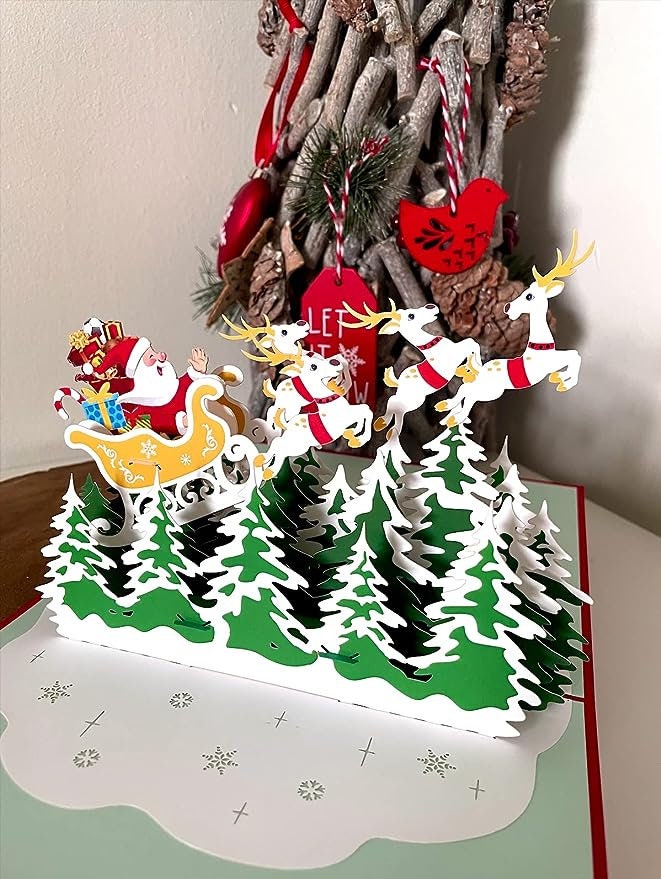 Santa Claus Sleigh and Reindeer 3D Pop Up Card