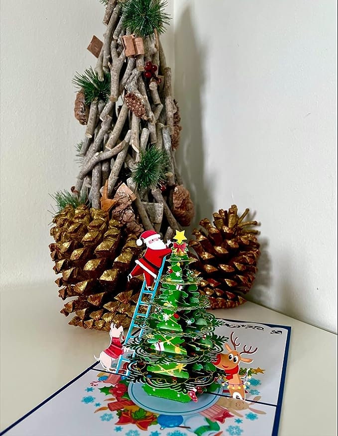 Santa Claus Decorating Christmas Tree 3D Pop Up Card