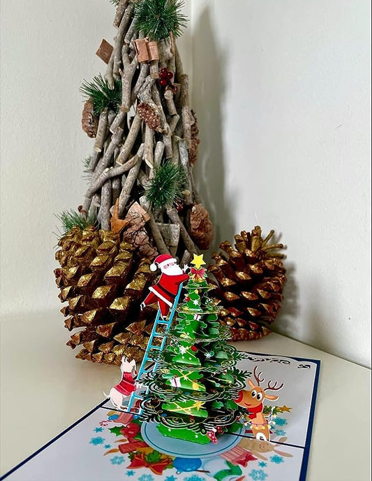 Santa Claus Decorating Christmas Tree 3D Pop Up Card