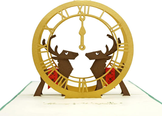 Merry Christmas Elegant Reindeer Clock 3D Pop Up Card