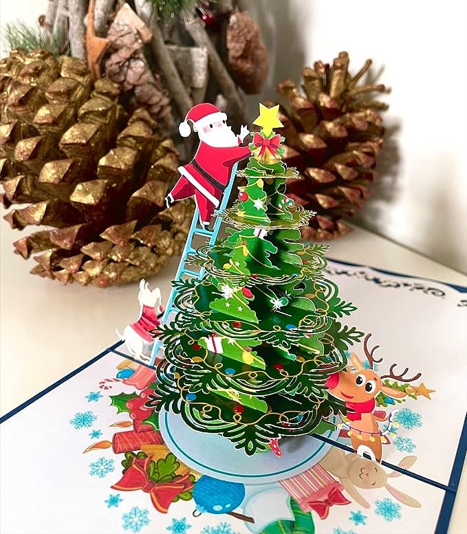 Santa Claus Decorating Christmas Tree 3D Pop Up Card