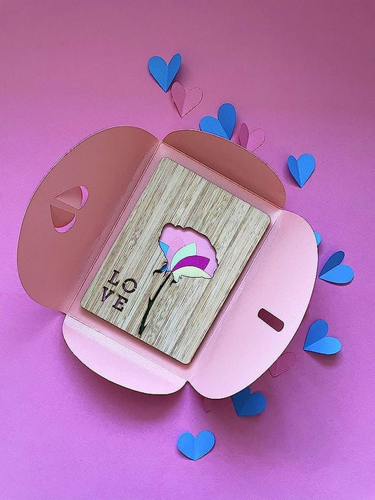 Pink Love Flower Wooden Card - Birthday Gift