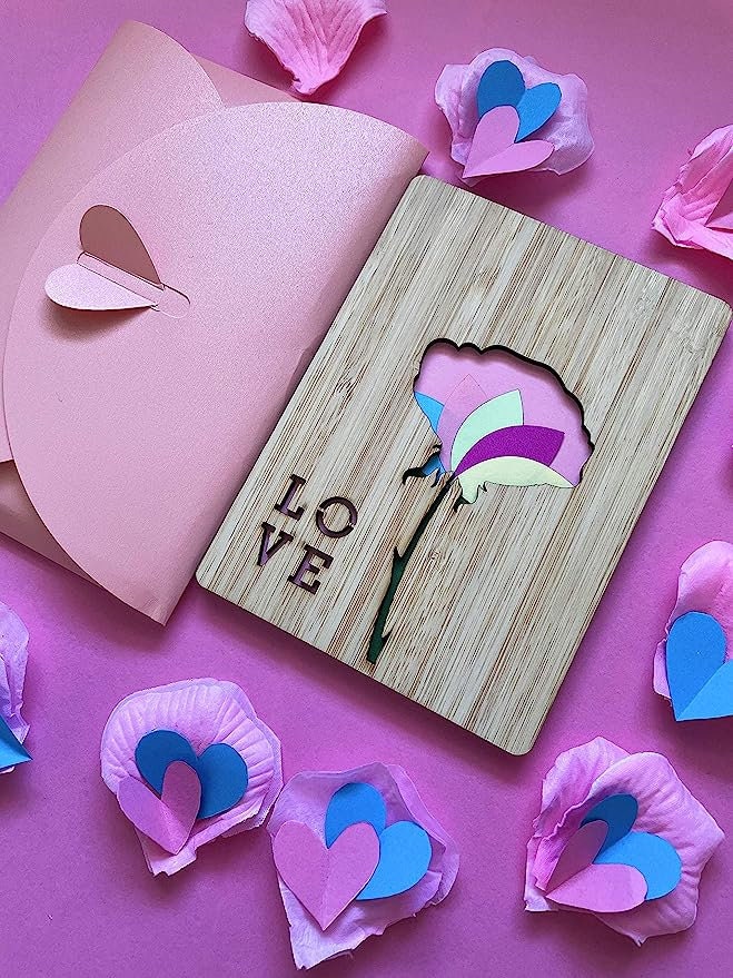Pink Love Flower Wooden Card - Birthday Gift