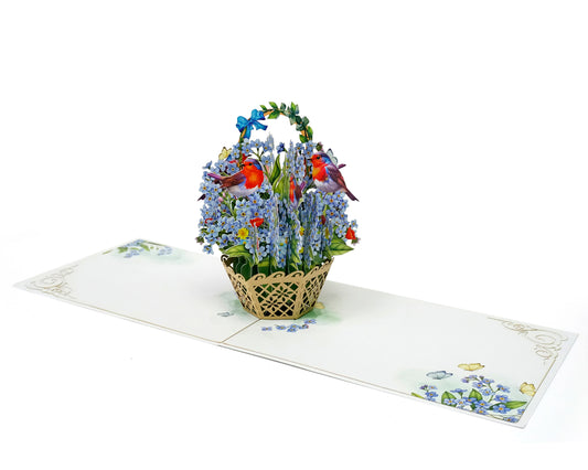 3D Pop Up Spring Card – Robins & Forget-Me-Nots Flower Basket