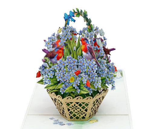 3D Pop Up Spring Card – Robins & Forget-Me-Nots Flower Basket