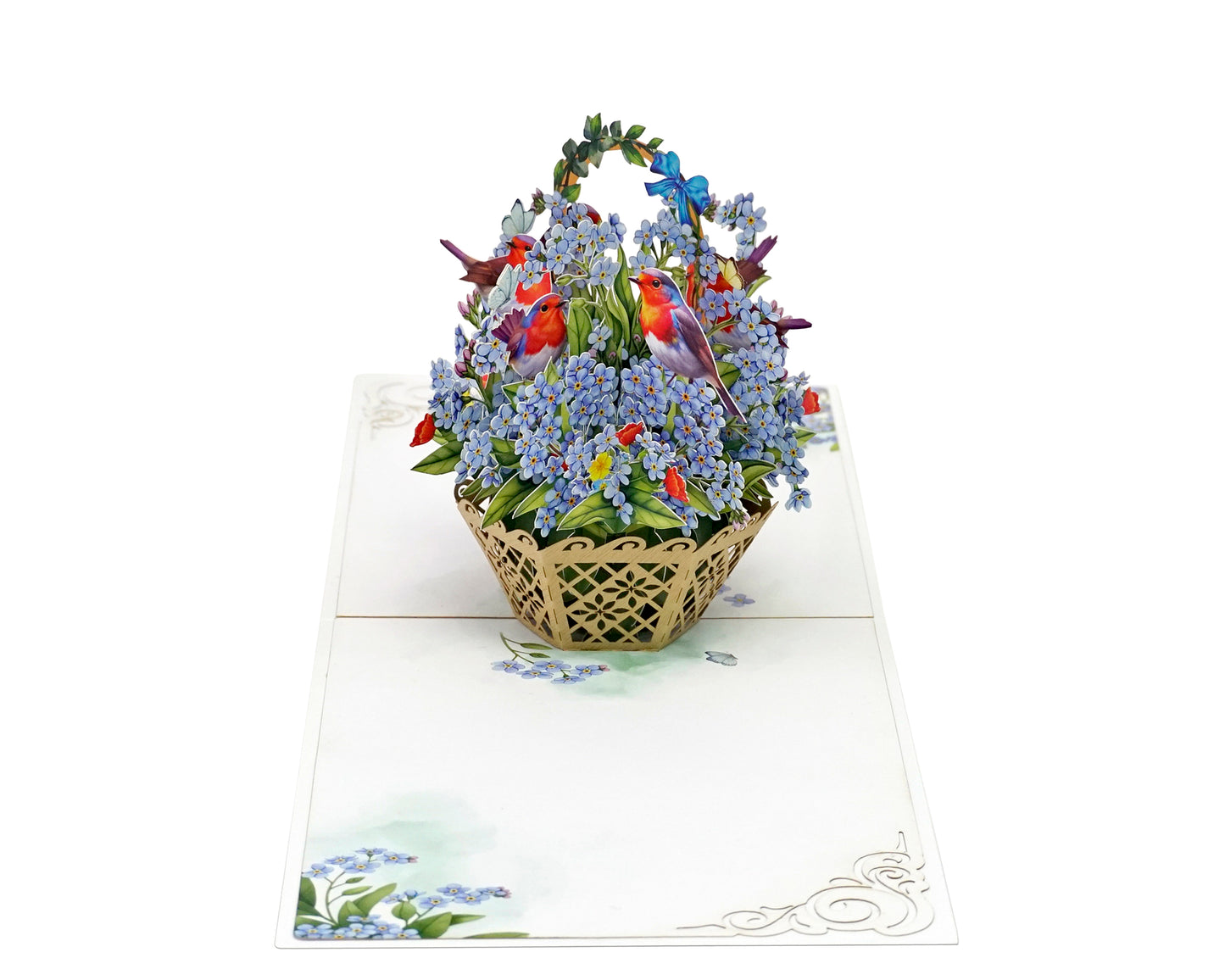 3D Pop Up Spring Card – Robins & Forget-Me-Nots Flower Basket