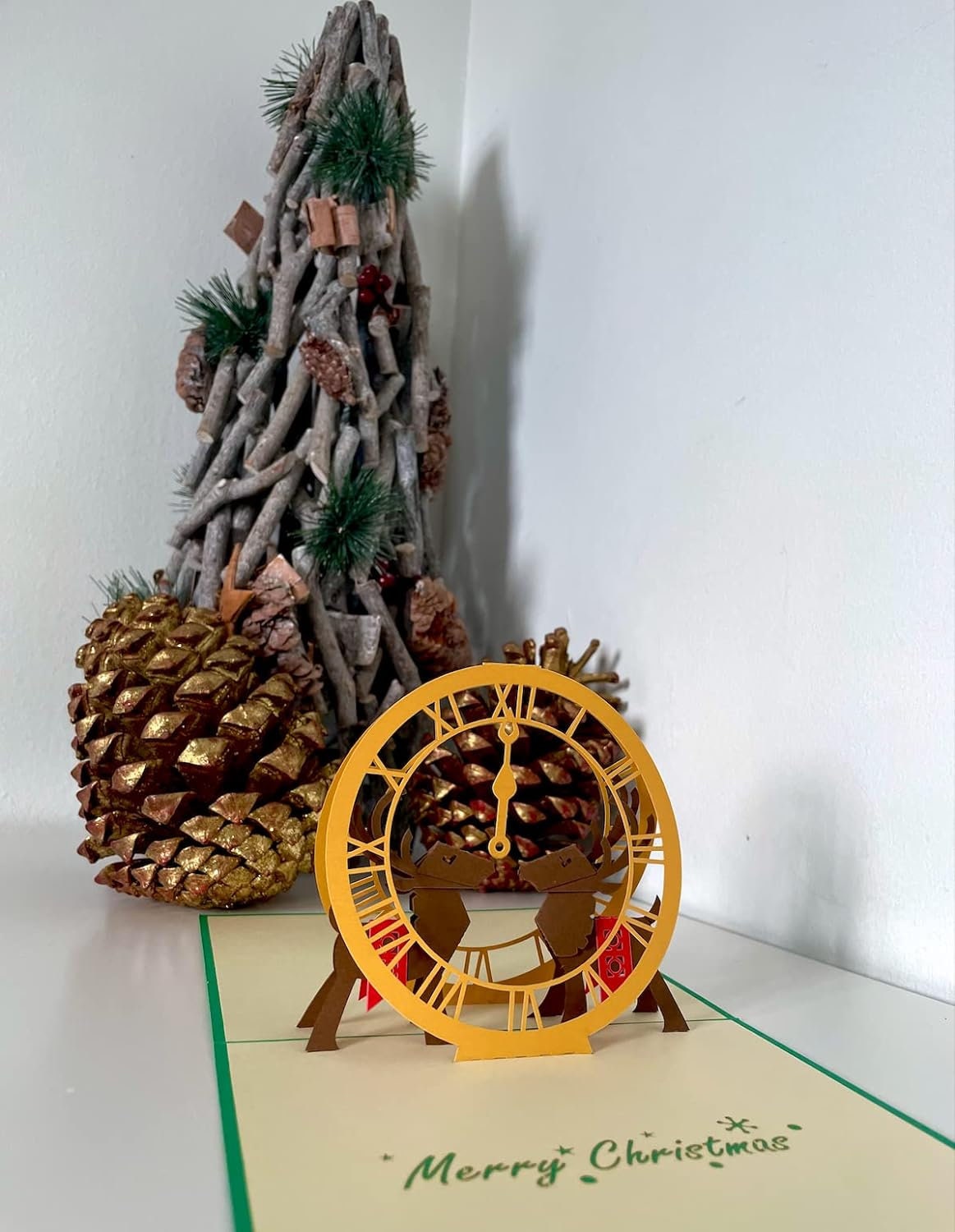 Merry Christmas Elegant Reindeer Clock 3D Pop Up Card