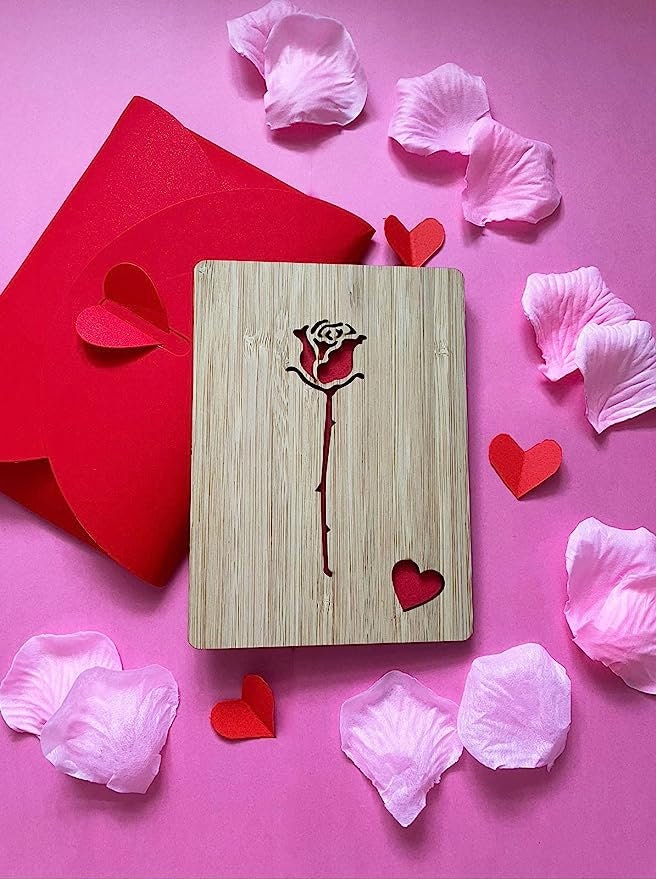 Romantic Red Rose Wooden Card - Valentine's Day Gift