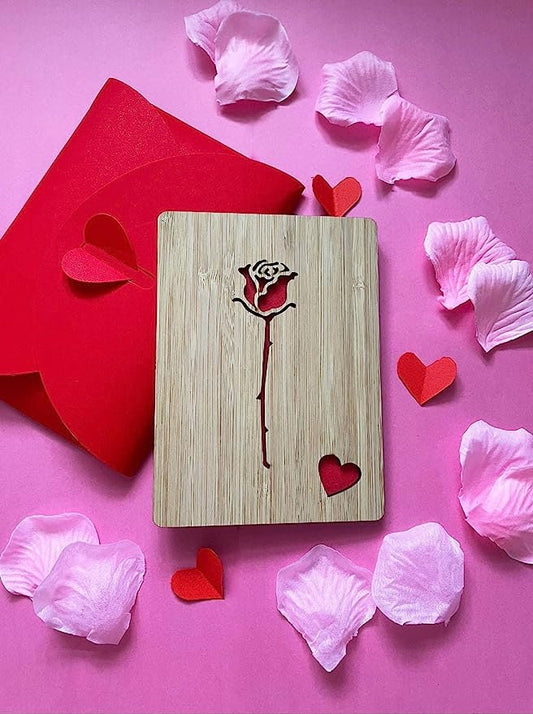 Romantic Red Rose Wooden Card - Valentine's Day Gift
