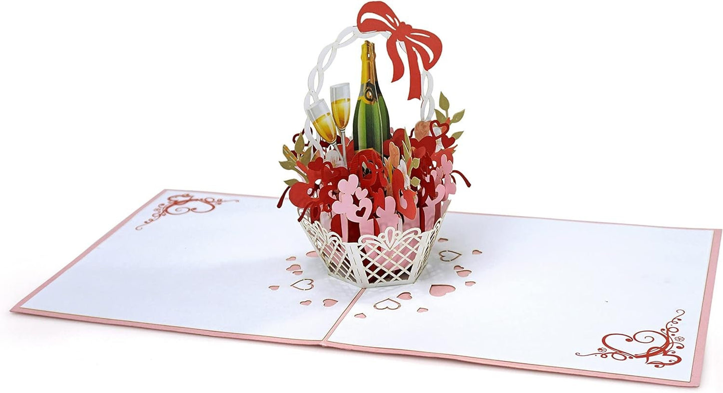Flower Basket Champagne 3D Pop Up Card - Romantic Gift