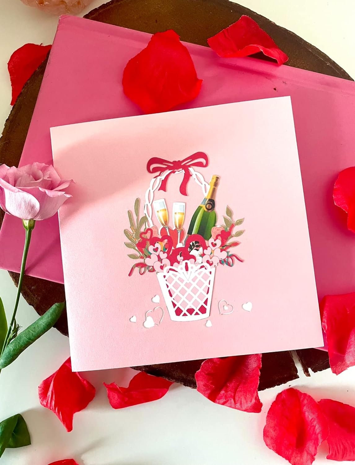 Flower Basket Champagne 3D Pop Up Card - Romantic Gift